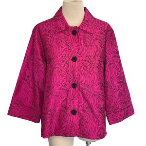 Vintage Bleu Bayou Women's Silk Jacket Pink Black Embroidered Geometric Print XL